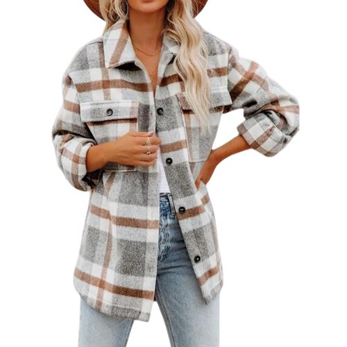 Women's Flannel Plaid Shacket Long Sleeve Button Down Shirts Jacket Coats with Side Pockets