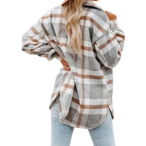 Women's Flannel Plaid Shacket Long Sleeve Button Down Shirts Jacket Coats with Side Pockets