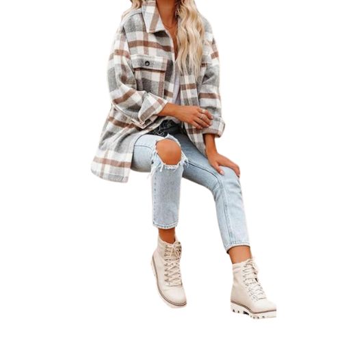 Women's Flannel Plaid Shacket Long Sleeve Button Down Shirts Jacket Coats with Side Pockets