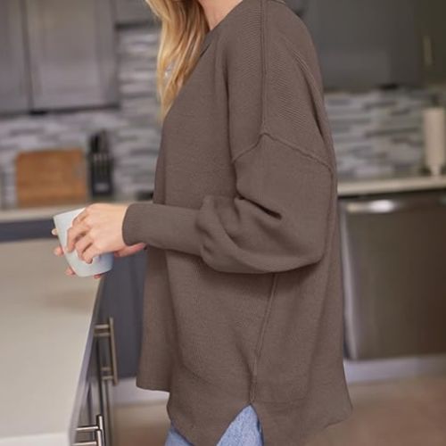 Women's Oversized Batwing Sweaters 2024 Fall Outfits Crewneck Ribbed Knit Side Slit Trendy Pullover Tops