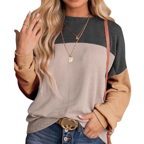 Womens Fashion 2024 Color Block Long Sleeve Crewneck Knitted Casual Loose Pullover Shirts Tops