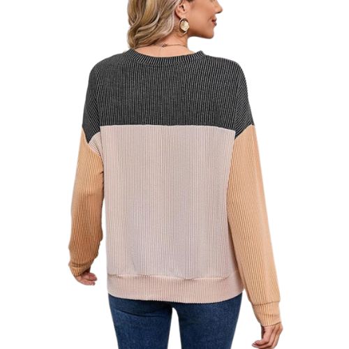 Womens Fashion 2024 Color Block Long Sleeve Crewneck Knitted Casual Loose Pullover Shirts Tops