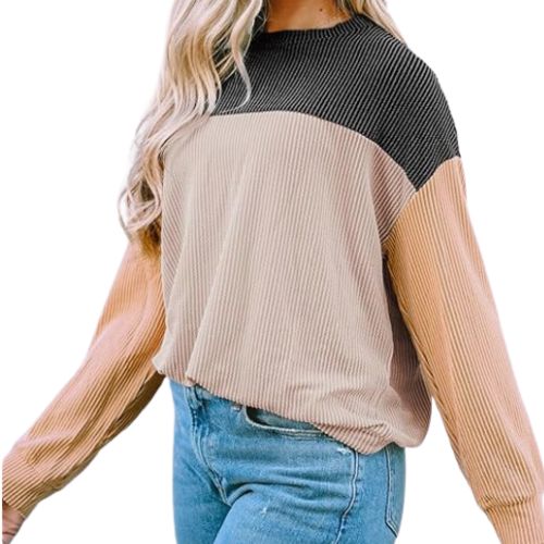 Womens Fashion 2024 Color Block Long Sleeve Crewneck Knitted Casual Loose Pullover Shirts Tops