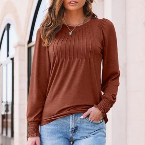 Long Sleeve Shirts Womens Pleated Business Casual Blouses with Smocked Cuffs