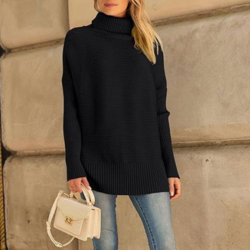 Women's Oversized Turtleneck Sweaters Fall Batwing Sleeve Ribbed Tunic Sweater