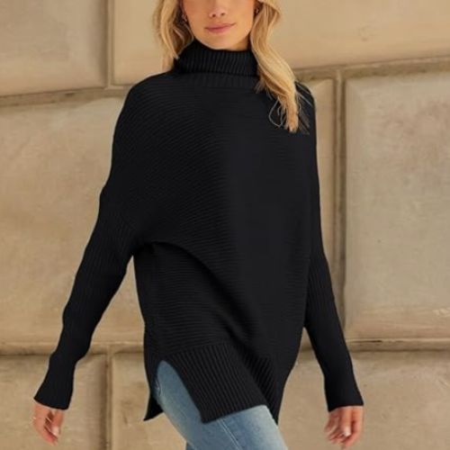 Women's Oversized Turtleneck Sweaters Fall Batwing Sleeve Ribbed Tunic Sweater