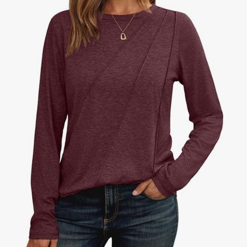 Womens Long Sleeve Shirts Pleated Crew Neck Casual Fall Fashion Tops Loose Fit Lightweight Girls Outfits Clothes