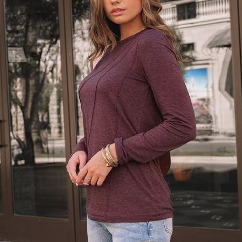 Womens Long Sleeve Shirts Pleated Crew Neck Casual Fall Fashion Tops Loose Fit Lightweight Girls Outfits Clothes