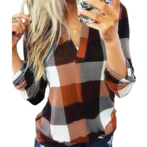 Womens Basic Casual V Neck Plaid Print Cotton Cuffed Long Sleeve Work Tops Blouses Shirts S-3XL