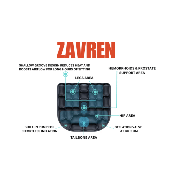 ZAVREN Inflatable Seat Cushion – Pressure Relief Pillow for Office Chair, Car & Wheelchair – Built-in Hand Pump, Ergonomic Design, Portable & Foldable (Anti Hemorrhoids/Anti Aecubitus)
